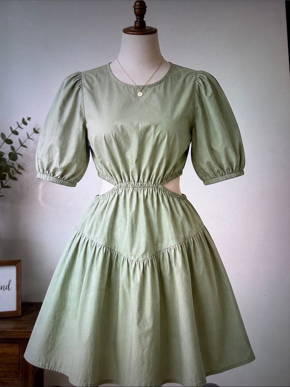 OAK + FORT Sage Green Puff Sleeve Cutout Mini Dress Size S NWT